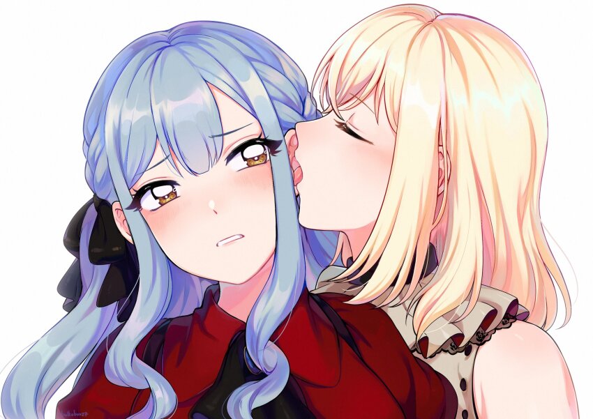 2girls, bang_dream!, bang_dream!_it's_mygo!!!!!, black_ribbon, blonde_hair, blue_hair, blush, braid