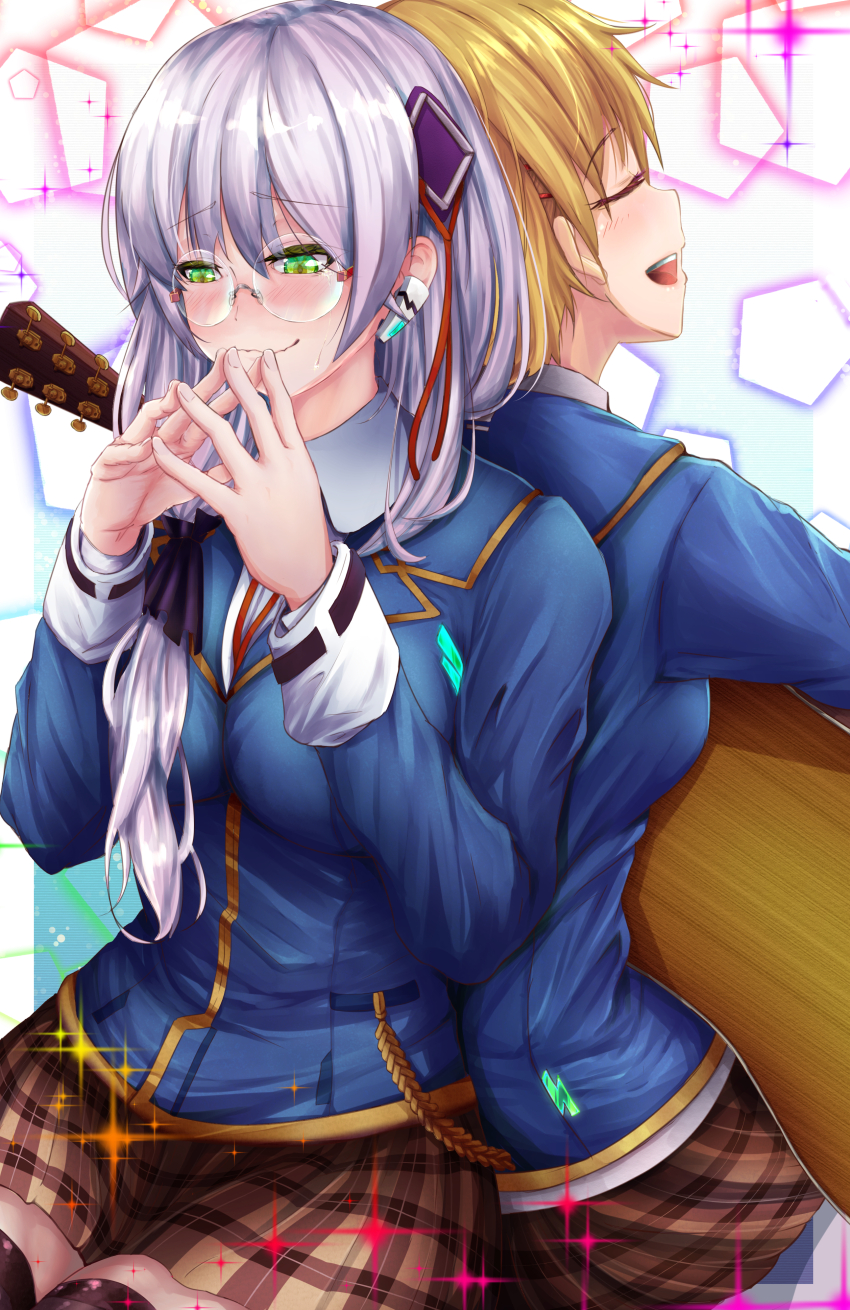 2girls, absurdres, asakura-siki, back-to-back, blush, brown_hair, commentary_request, crossed_fingers