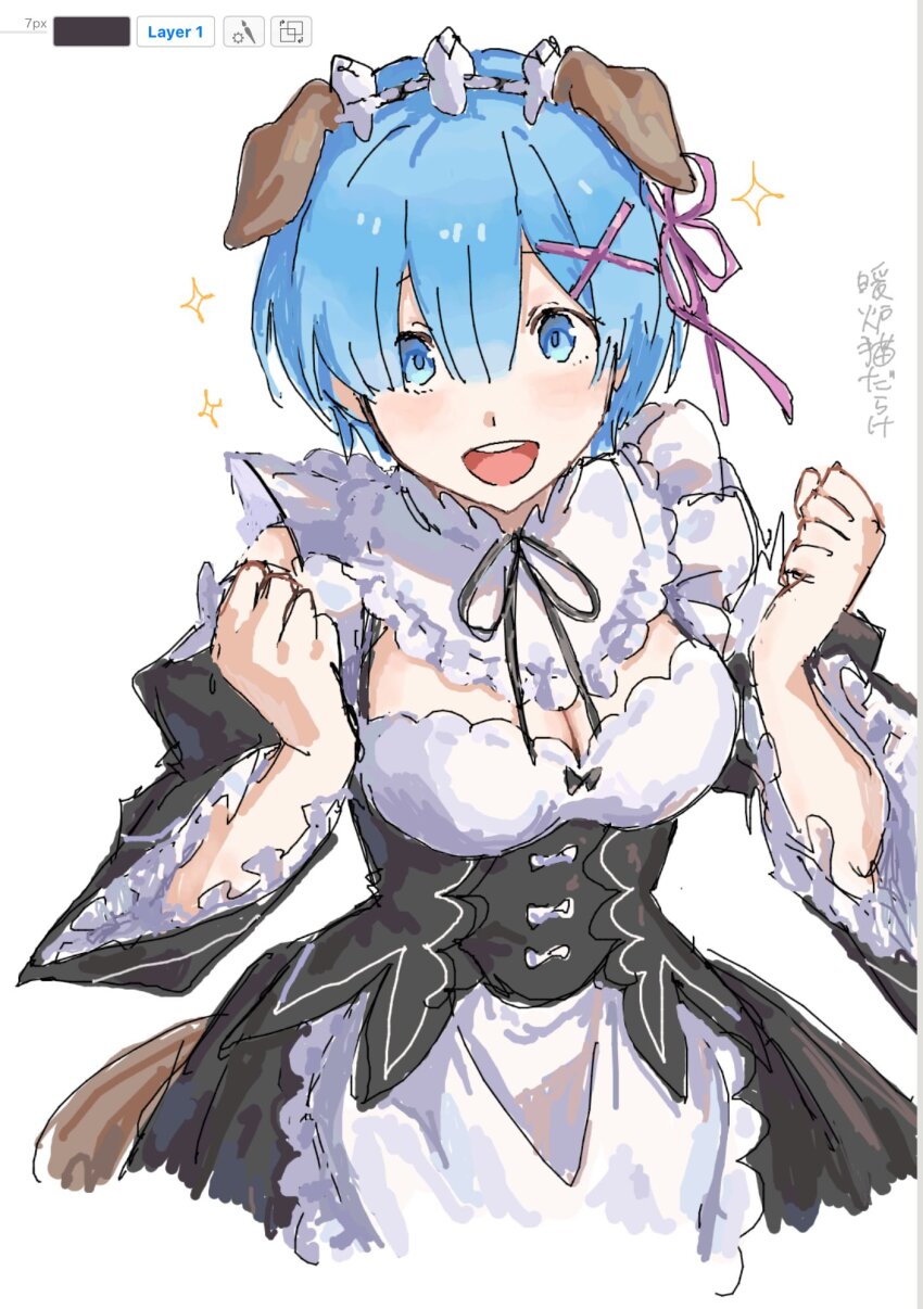 1girl, animal_ear_hairband, animal_ears, art_program_in_frame, blue_eyes, blue_hair, breasts, cleavage, clenched_hands, commentary_request, cropped_legs, danroneko, dog_ears, dress, fake_animal_ears, frills, hair_ornament, hairband, highres, looking_at_viewer, maid, medium_breasts, neck_ribbon, open_mouth, pink_ribbon, re:zero_kara_hajimeru_isekai_seikatsu, rem_(re:zero), ribbon, roswaal_mansion_maid_uniform, short_hair, simple_background, sketch, smile, solo, sparkle, teeth, upper_teeth_only, white_background, x_hair_ornament