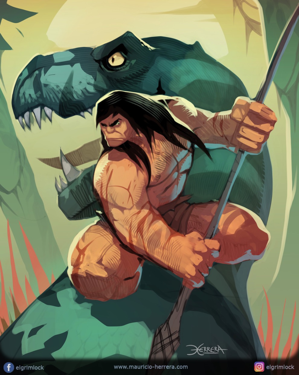 1boy, 1girl, abs, arm_hair, artist_name, black_hair, blood, blood_on_arm, blood_on_leg, caveman, chest_hair, closed_mouth, colored_sclera, colored_skin, commentary, day, dinosaur, elgrimlock, english_commentary, facebook_username, fang_(primal), fangs, genndy_tartakovsky's_primal, green_skin, highres, holding, holding_polearm, holding_weapon, instagram_username, loincloth, long_hair, lying, muscular, muscular_male, on_back, open_mouth, outdoors, polearm, sharp_teeth, signature, size_difference, slit_pupils, spear, spear_(primal), squatting, sun, teeth, thick_eyebrows, tongue, tree, tyrannosaurus_rex, v-shaped_eyebrows, weapon, yellow_sclera