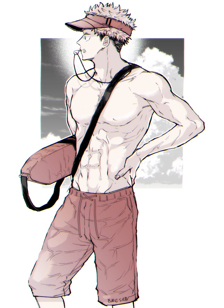 1boy, abs, bag, black_hair, collarbone, commentary_request, hand_on_own_hip, highres