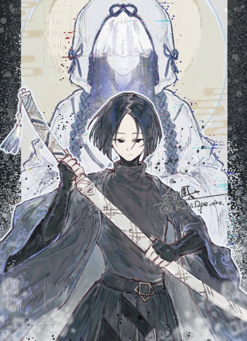 1boy, 1girl, artist_name, black_eyes, black_hair, blunt_ends, closed_mouth, commentary_request