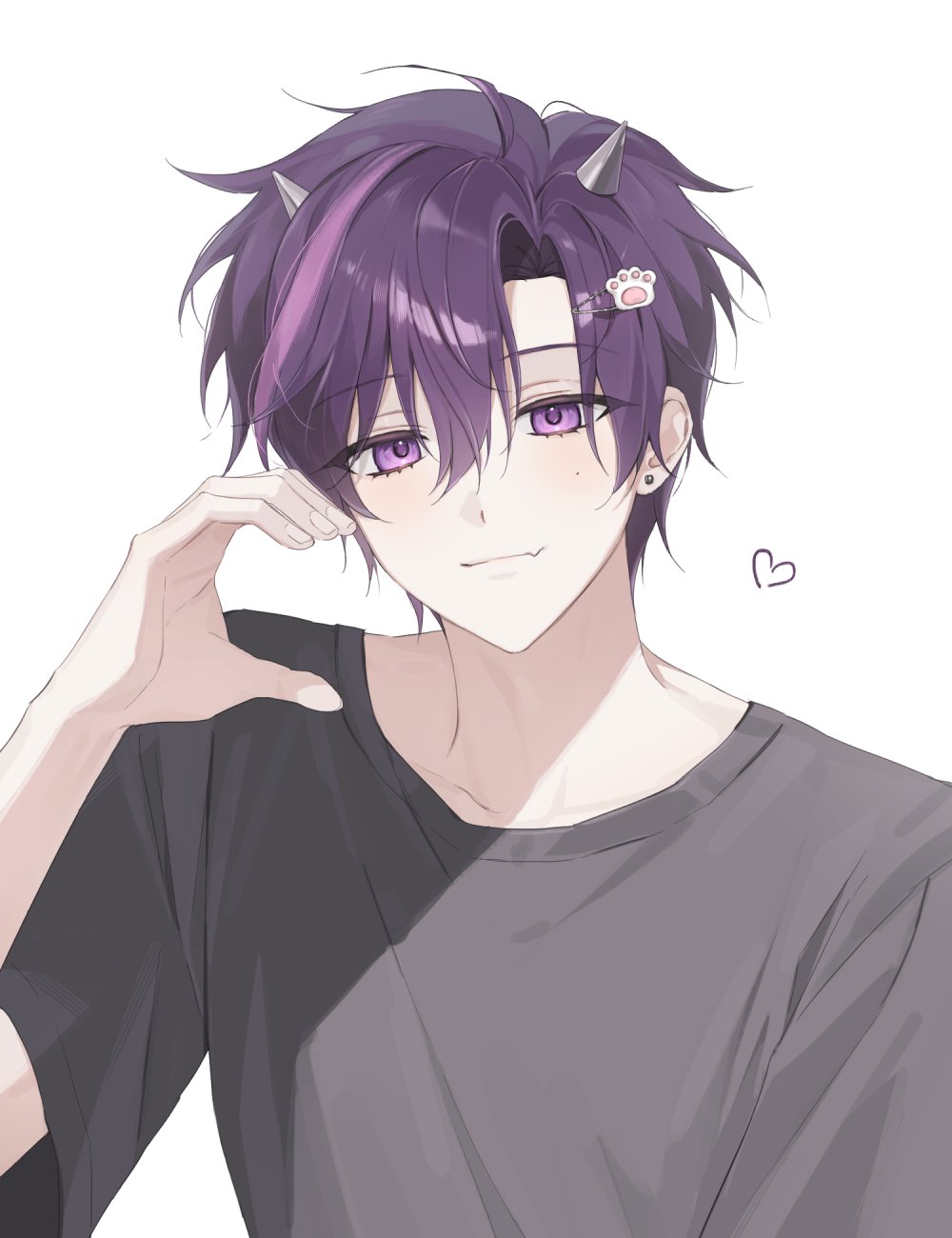 1boy, animal_hands, black_shirt, commentary_request, earrings, hair_between_eyes, hair_ornament, half-heart_hands