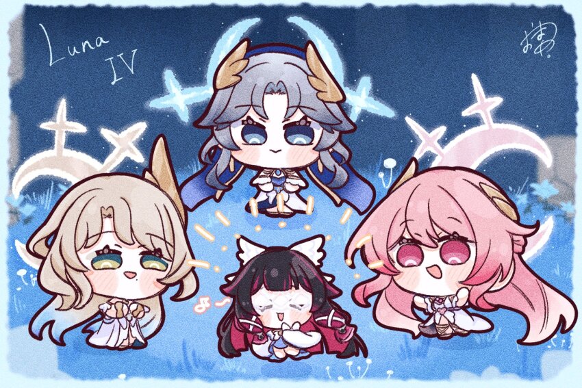 4girls, aria_(genshin_impact), black_hair, blue_eyes, blue_hair, blush, brown_hair, canon_(genshin_impact)