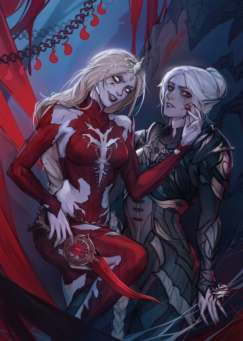 2girls, absurdres, baldur's_gate, baldur's_gate_3, birmit, black_lips, blonde_hair, colored_skin