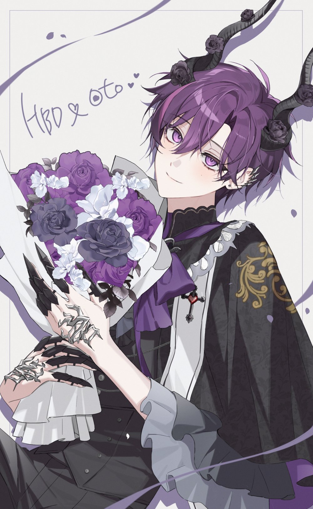 1boy, black_flower, black_pants, bouquet, bow, capelet, claws, commentary_request