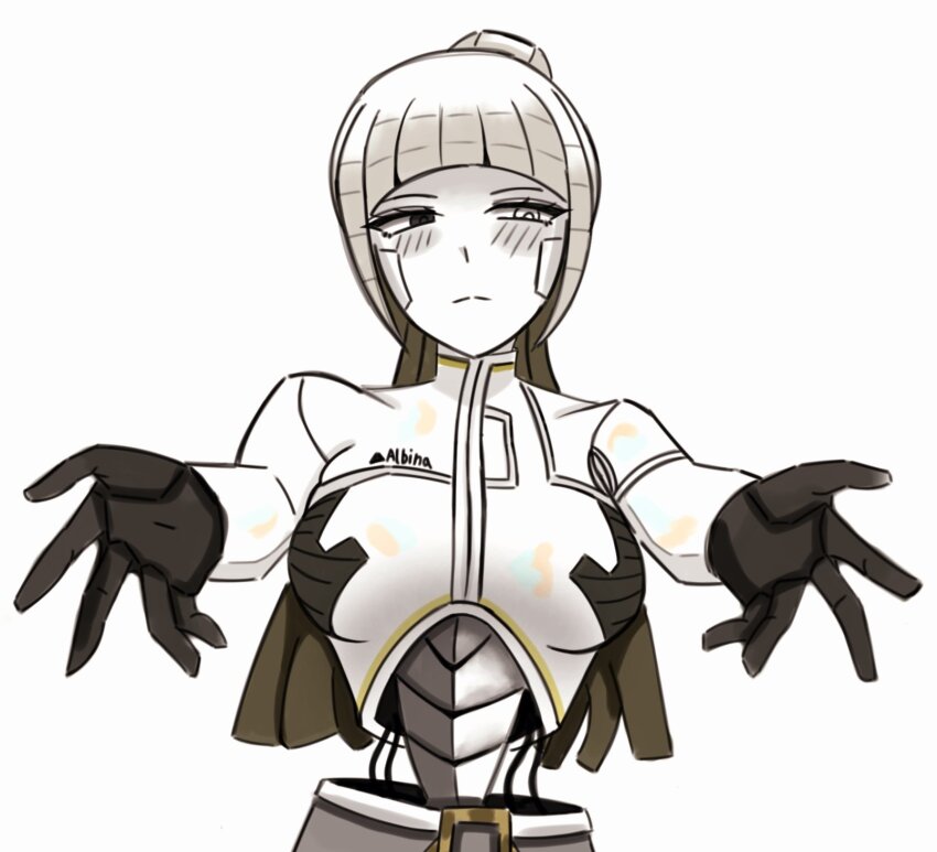 1girl, albina_(project_moon), android, arched_bangs, blush, breasts, cable_hair, character_name