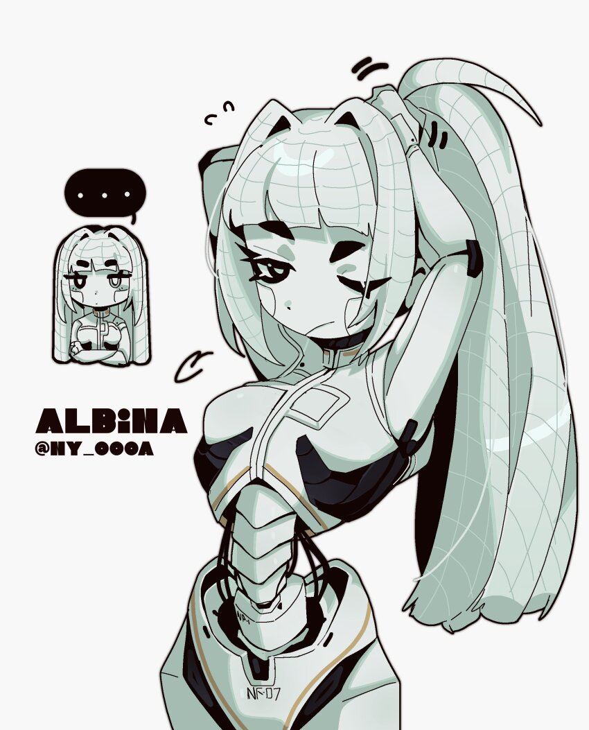 ..., 1girl, absurdres, albina_(project_moon), android, artist_name, cable, cable_hair