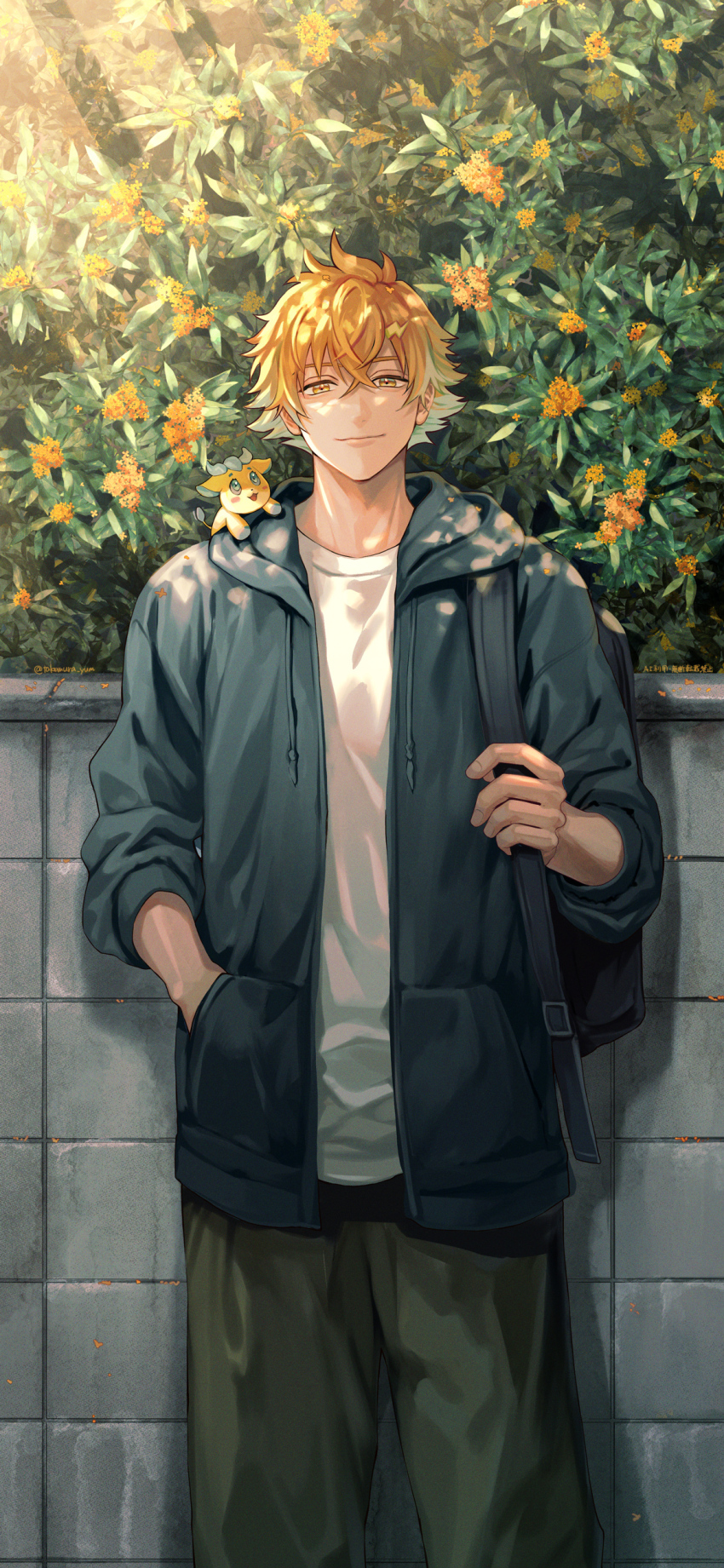 1boy, absurdres, backpack, bag, black_bag, closed_mouth, commentary_request, crossed_bangs