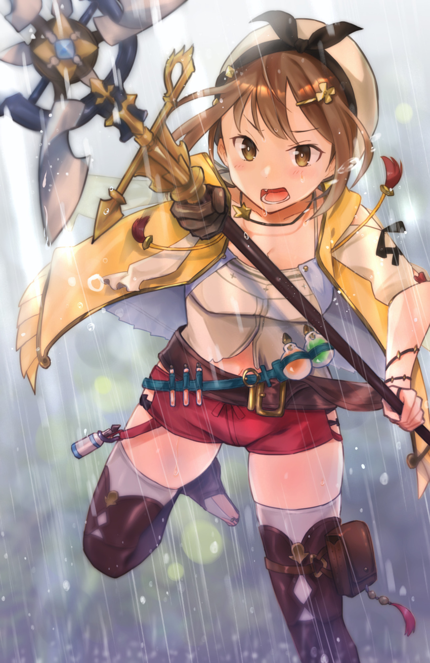 1girl, atelier_(series), atelier_ryza, atelier_ryza_1, belt, beret, blush, boots, breasts, bright_pupils, brown_belt, brown_boots, brown_eyes, brown_hair, cleavage, commentary_request, fang, flask, floating_hair, foot_out_of_frame, hair_between_eyes, hat, highres, holding, holding_staff, incoming_attack, looking_at_viewer, lower_teeth_only, mage_staff, medium_breasts, muratoamado, open_clothes, open_mouth, open_vest, outdoors, rain, red_shorts, reisalin_stout, round-bottom_flask, shirt, short_hair, short_shorts, shorts, solo, staff, standing, standing_on_one_leg, teeth, thigh_boots, thighs, toeless_legwear, v-shaped_eyebrows, vest, wet, white_hat, white_pupils, white_shirt, yellow_vest