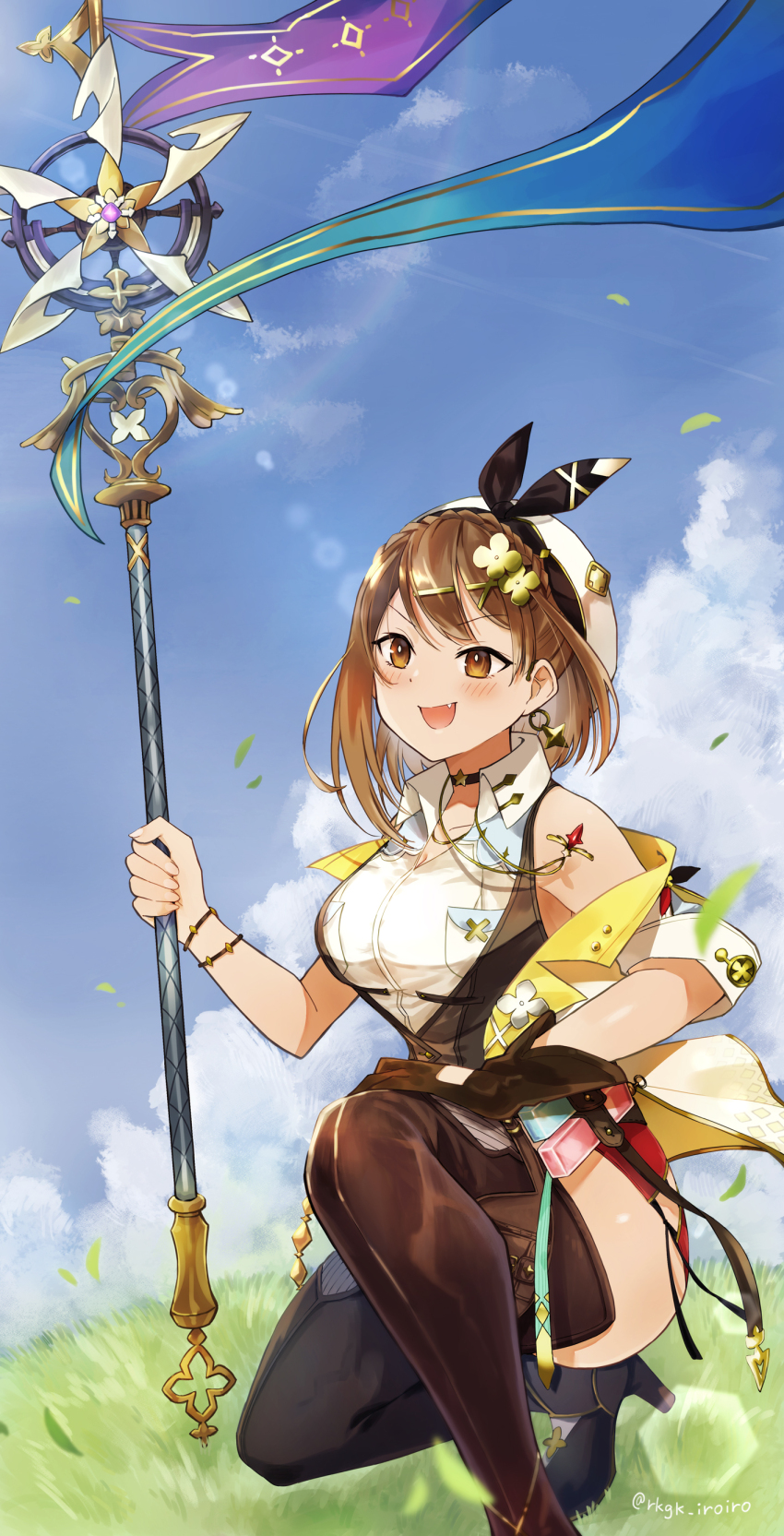 1girl, :d, absurdres, artist_name, atelier_(series), atelier_ryza, atelier_ryza_3, bare_shoulders