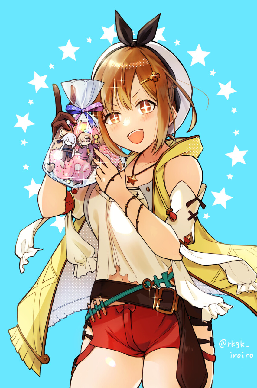 +_+, 1girl, :d, atelier_(series), atelier_ryza, atelier_ryza_1, bag, belt, beret, black_gloves, black_ribbon, blush, brown_belt, brown_eyes, brown_hair, character_doll, commentary_request, cowboy_shot, doll, donut, empel_vollmer, food, glint, gloves, hair_between_eyes, hair_ornament, hair_ribbon, hairclip, hands_up, hat, highres, holding, holding_bag, jewelry, lila_decyrus, looking_at_food, muratoamado, necklace, open_clothes, open_mouth, open_vest, red_shorts, reisalin_stout, ribbon, shirt, short_hair, short_shorts, shorts, sidelocks, simple_background, single_glove, smile, solo, sparkle, star_(symbol), star_necklace, teeth, thighs, twitter_username, upper_teeth_only, v, v-shaped_eyebrows, vest, white_hat, white_shirt, yellow_vest