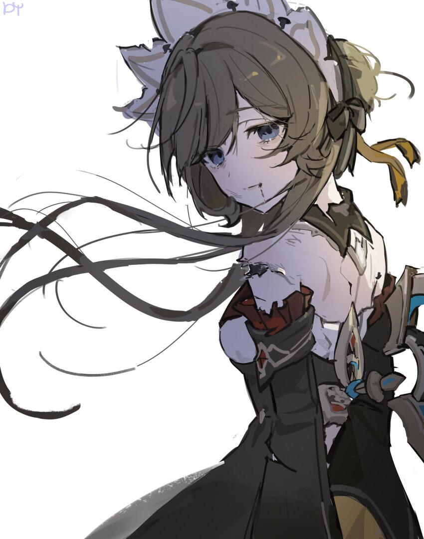 1girl, black_bow, black_dress, black_hairband, black_sleeves, blood, blood_from_mouth, blue_eyes