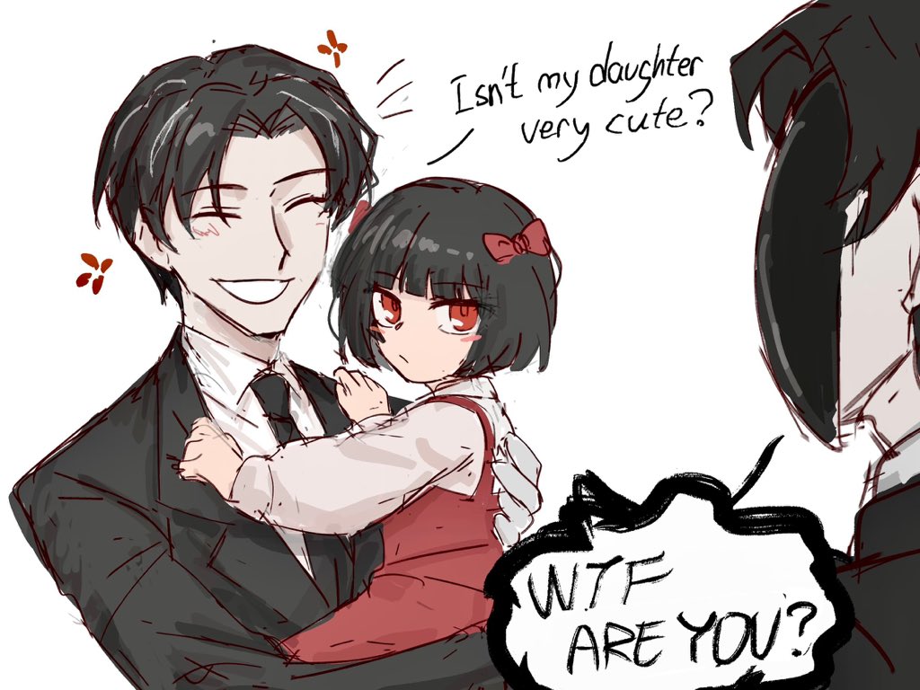 1girl, 2boys, black_hair, black_mask, bob_cut, carrying, carrying_person, child