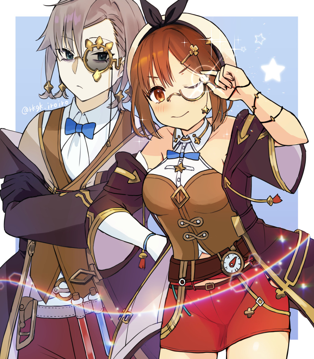 1boy, 1girl, ;), atelier_(series), atelier_ryza, atelier_ryza_1, bare_shoulders, beret