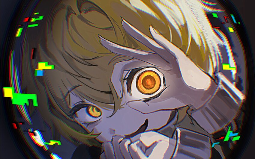 1girl, absurdres, blonde_hair, close-up, don_quixote_(project_moon), eyelashes, glitch, hair_between_eyes