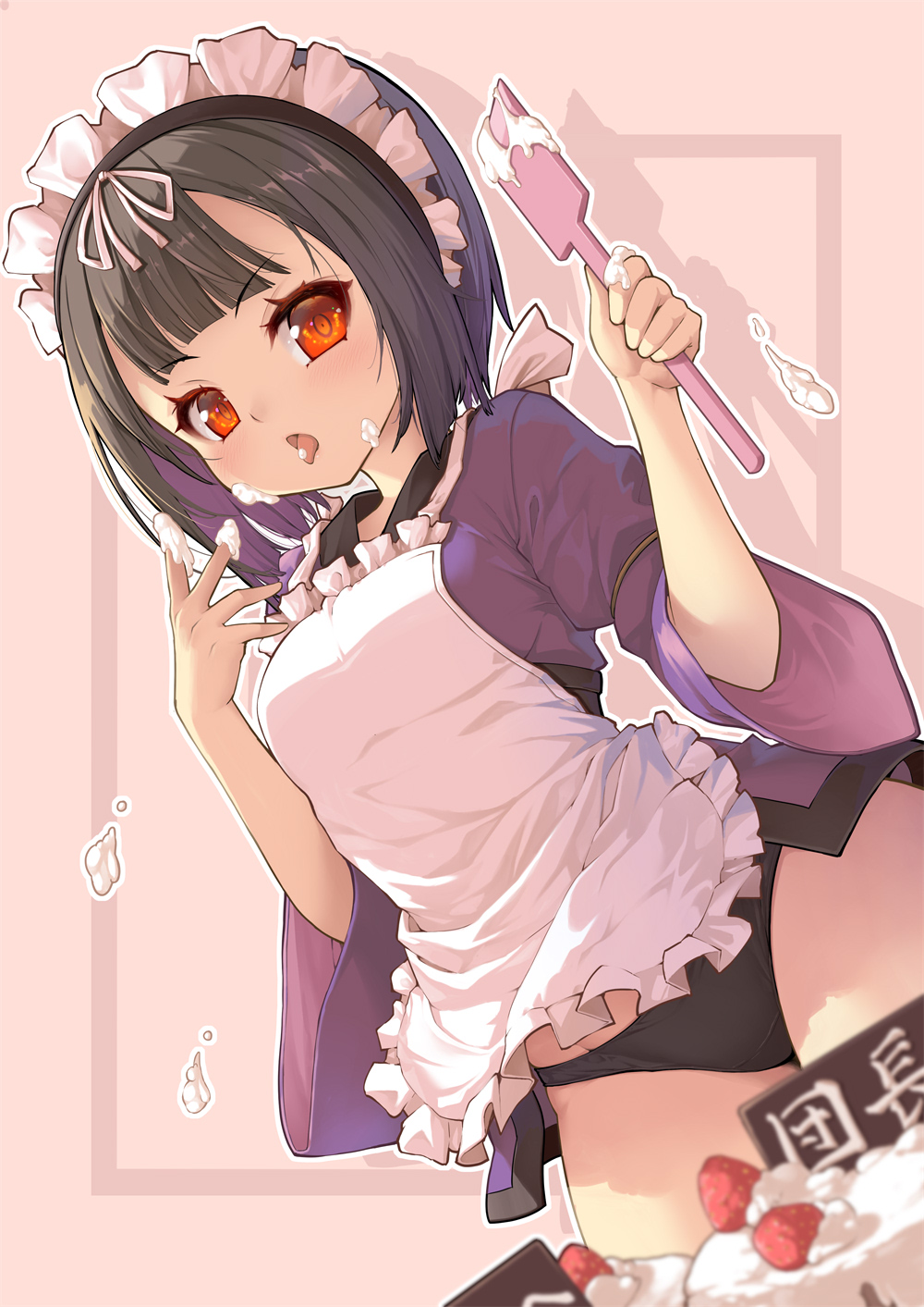 1girl, apron, batter, black_hair, black_panties, blush, bob_cut, bottomless