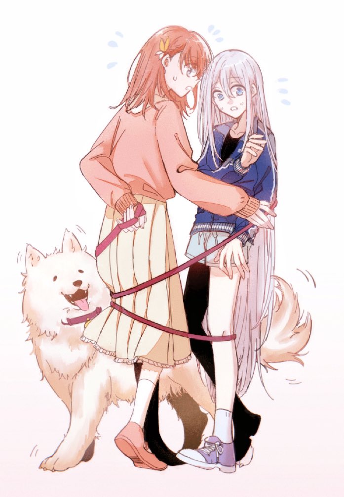 2girls, animal, animal_collar, bell, blue_eyes, blue_jacket, blue_shoes, blue_shorts