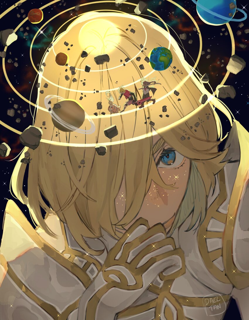 4boys, absurdres, androgynous, asteroid, blonde_hair, blue_eyes, commentary, dadeltan