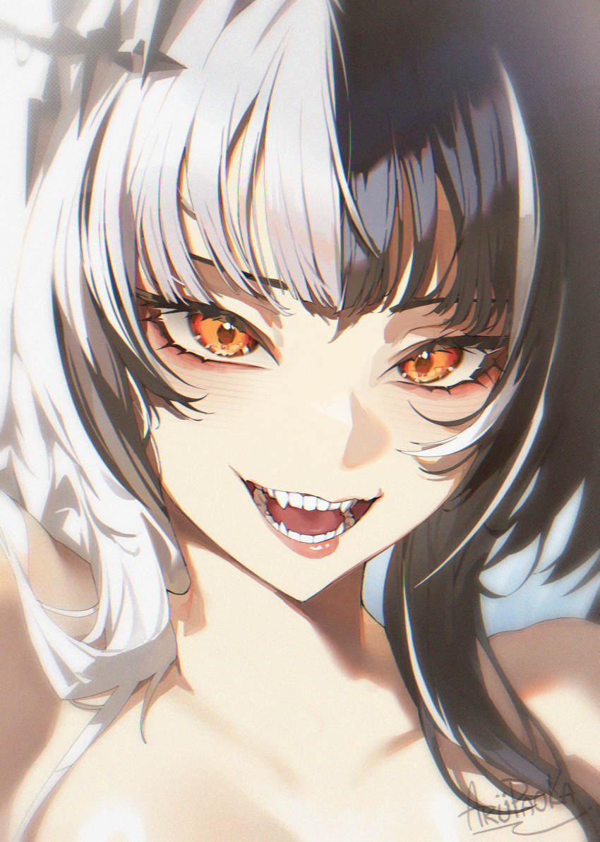 1girl, :d, arupaoka, black_hair, close-up, commentary, fangs, grey_hair