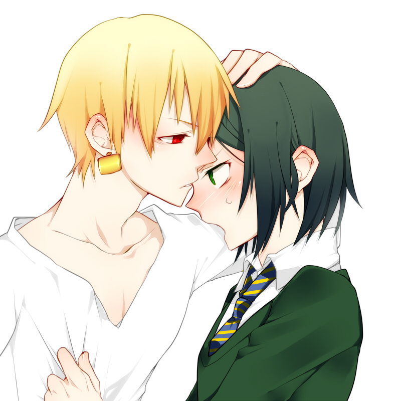 2boys, black_hair, blonde_hair, blush, bob_cut, clothes_grab, earrings, fate/stay_night