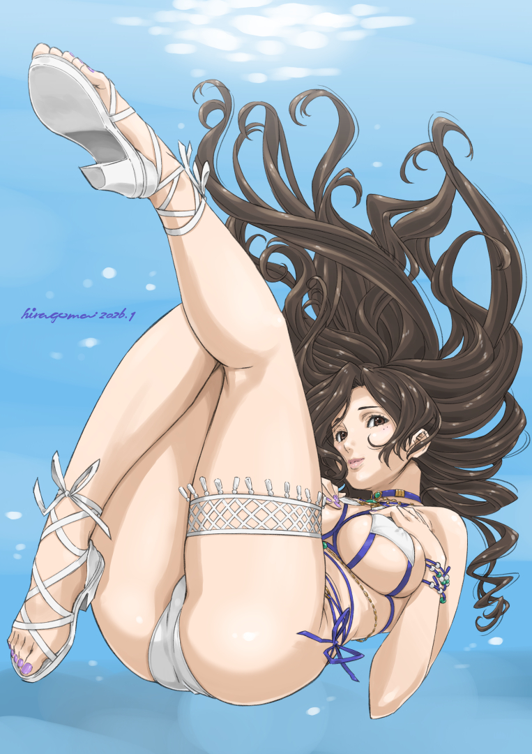 1girl, ass, bare_shoulders, bikini, bracelet, breasts, brown_eyes, brown_hair