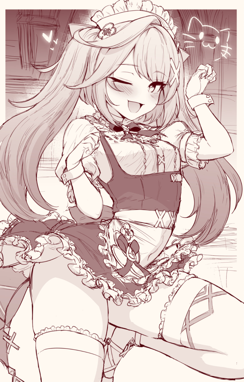 1girl, apron, blush, cowlick, dress, faruzan_(genshin_cafe_in_seoul)_(genshin_impact), faruzan_(genshin_impact), frilled_apron