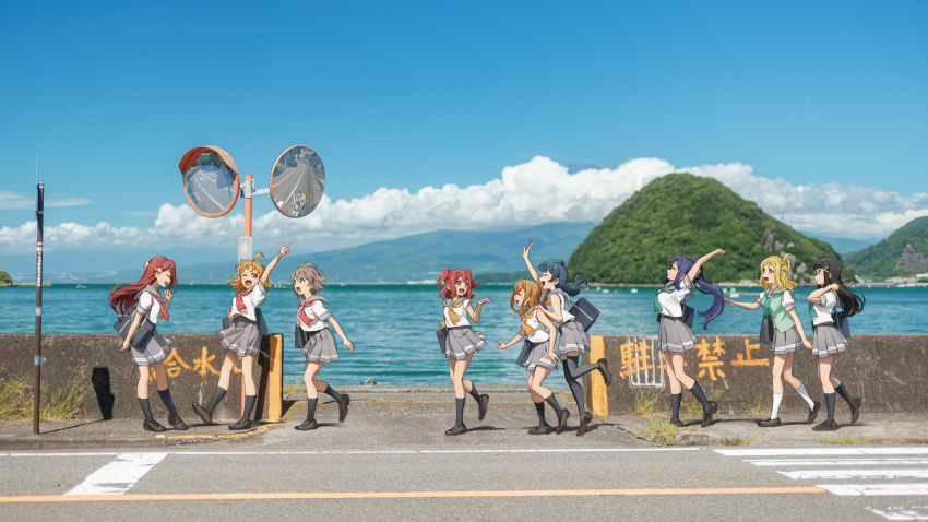 ahoge, bag, blonde_hair, blue_eyes, blue_hair, blush, brown_eyes, cloud