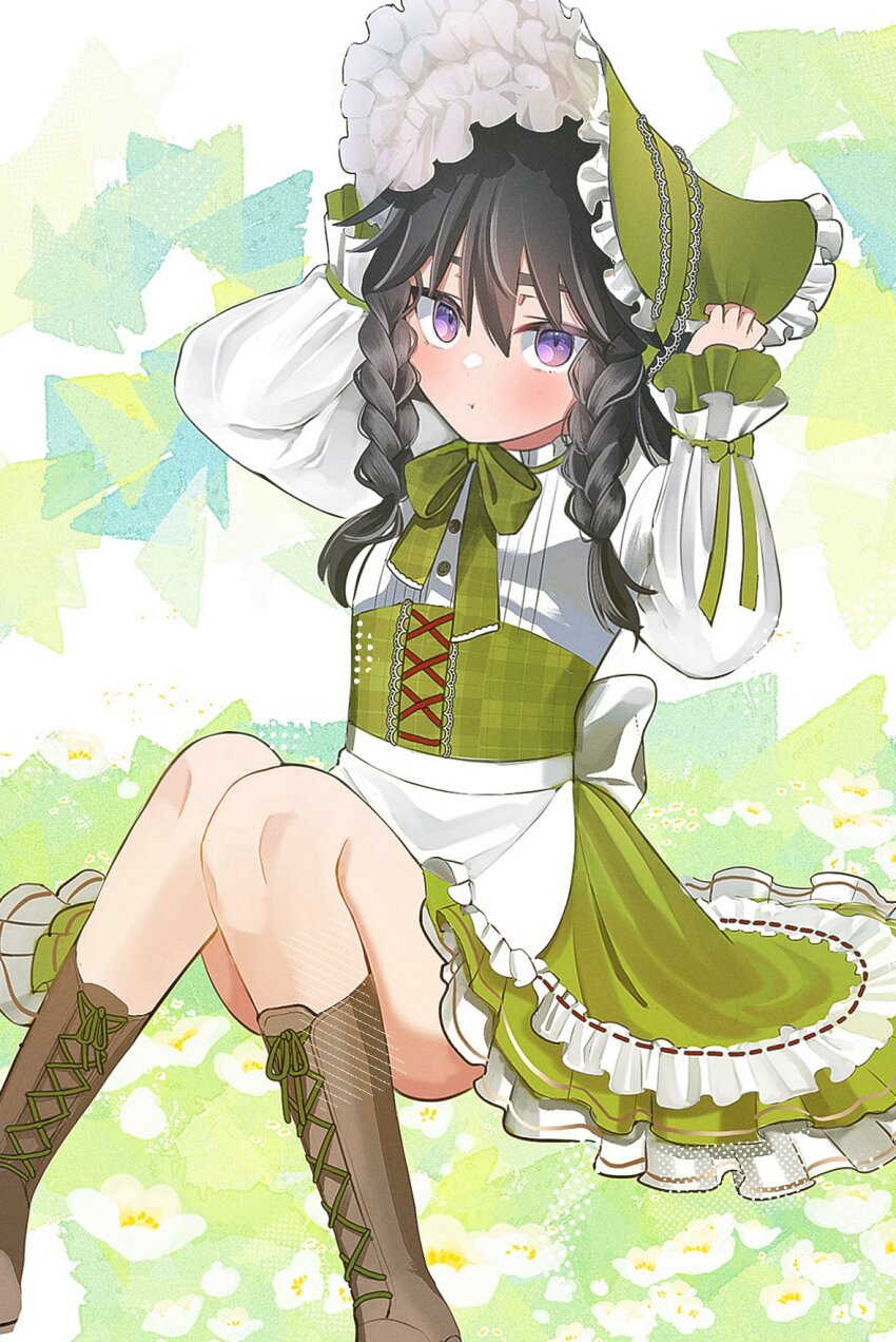 1girl, alternate_costume, apron, black_hair, boots, braid, braided_sidelocks, brown_boots, commentary_request, dress, green_dress, highres, komugiko_(komugiu08), looking_at_viewer, pilika_(rune_factory), purple_eyes, rune_factory, rune_factory:_guardians_of_azuma, sidelocks