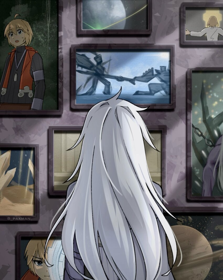 1girl, a_(xenoblade), artist_name, bionis, chain, commentary_request, from_behind, grey_hair, highres, indoors, klaus_(xenoblade), long_hair, mechonis, painting_(object), pax_(seo7h), shulk_(xenoblade), solo, spoilers, standing, twitter_username, xenoblade_chronicles_(series), xenoblade_chronicles_1, xenoblade_chronicles_3, xenoblade_chronicles_3:_future_redeemed