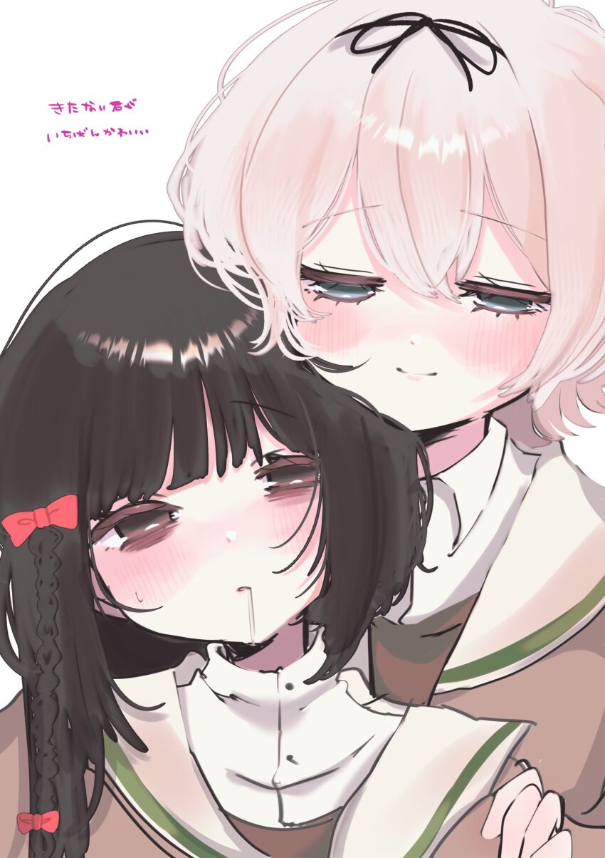 2girls, babumi_roriko, bags_under_eyes, between_breasts, blush, braid, breasts, brown_hair