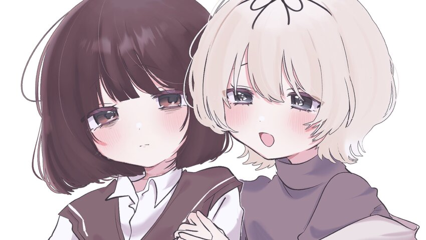 2girls, babumi_roriko, bags_under_eyes, brown_eyes, brown_hair, grey_eyes, hair_ribbon, hanamura_hinako