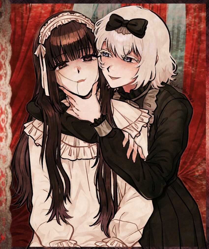 2girls, black_dress, blue_eyes, bow, brown_hair, chaadya0109, colored_eyelashes, dress