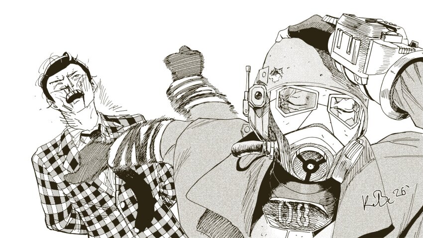 2026, 2boys, armor, artist_name, benny_(fallout:_new_vegas), blood, blood_on_face, broken_eyewear, bullet_hole, bulletproof_vest, checkered_clothes, closed_eyes, commentary, courier_(fallout:_new_vegas), dated, duster, english_commentary, fallout, fallout:_new_vegas, formal_clothes, gas_mask, gloves, greyscale, helmet, highres, mask, meme, monochrome, multiple_boys, naoya_hitting_choso_without_looking_(meme), ncr_veteran_ranger, necktie, nosebleed, phelix_kelvin, pip_boy, punching, single_vambrace, suit, vambraces, wrist_computer
