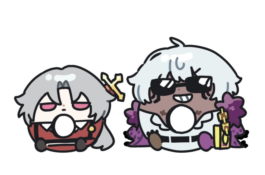 2boys, bear_paw, belt, book, chain, coat, commentary, dark-skinned_male