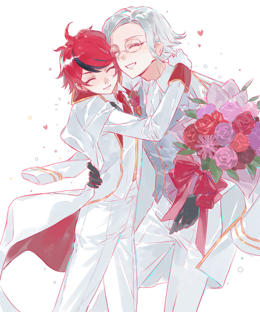 2boys, absurdres, ahoge, aotsuki_eito, ascot, black_gloves, black_hair, bouquet