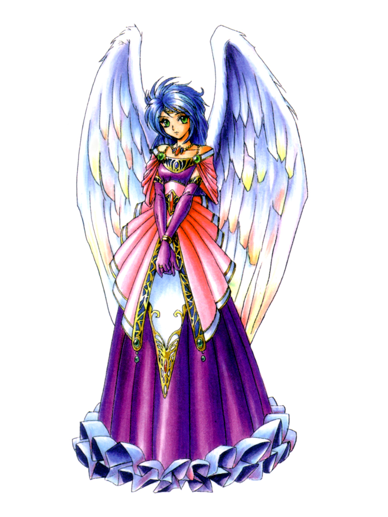 1990s_(style), 1girl, angel_wings, blue_hair, breath_of_fire, breath_of_fire_ii, capcom, dress