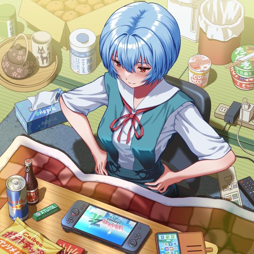 1girl, absurdres, ayanami_rei, blue_hair, blue_skirt, bottle, box, breasts, can, cardboard_box, cellphone, chewing_gum, closed_mouth, collared_shirt, commentary_request, controller, cup, drink_can, energy_drink, food, from_above, hair_between_eyes, handheld_game_console, hands_on_own_hips, highres, indoors, instant_cup_noodles, instant_noodles, kotatsu, medium_breasts, neck_ribbon, neon_genesis_evangelion, nintendo, nissin_cup_noodle, phone, playing_games, playing_video_games, pocky, pokemon, pokemon_legends:_z-a, power_strip, red_bull, red_eyes, red_ribbon, remote_control, ribbon, rug, school_uniform, shirt, short_hair, sitting, skirt, smartphone, smile, snack_bag, solo, suspender_skirt, suspenders, table, tatami, teapot, tissue_box, tokyo-3_middle_school_uniform, trash_can, white_shirt, yahha