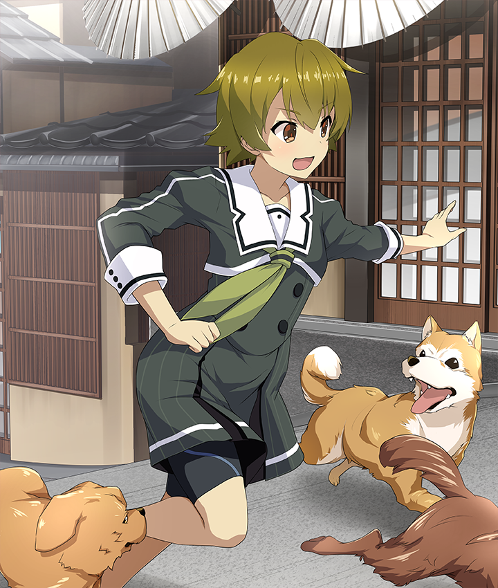 1girl, :d, architecture, bike_shorts, black_shorts, brown_dog, brown_eyes, buttons, collarbone, day, dog, double-breasted, dress, east_asian_architecture, feet_out_of_frame, game_cg, green_dress, green_hair, green_neckerchief, heijou_institute_school_uniform, himeno_shiho, multiple_dogs, neckerchief, official_art, open_mouth, outdoors, outstretched_arm, red_pupils, running, sailor_collar, school_uniform, short_hair, shorts, shorts_under_dress, shouji, sliding_doors, smile, solo, third-party_source, toji_no_miko, toji_no_miko:_kizamishi_issen_no_tomoshibi, tongue, tongue_out, white_sailor_collar