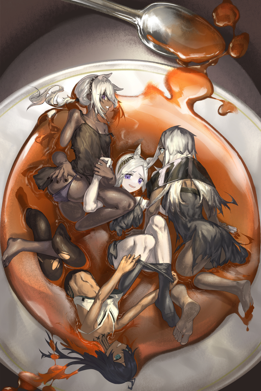 4girls, absurdres, animal_ears, animal_print, arknights, ass, bird_girl, black_dress