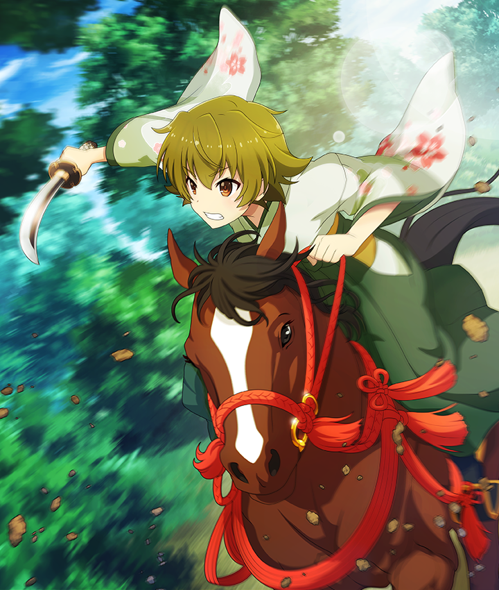 1girl, animal, blue_sky, brown_eyes, brown_horse, clenched_teeth, clothing_cutout, day