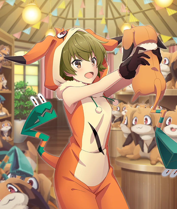 1girl, :3, :d, armpit_crease, bare_arms, bare_shoulders, blush, bodysuit, bookshelf, breasts, brown_eyes, brown_gloves, character_costume, checkered_floor, cowboy_shot, curtains, display_case, fur-trimmed_gloves, fur_trim, game_cg, gloves, green_hair, hands_up, hanging_light, himeno_shiho, holding, holding_stuffed_toy, indoors, mascot_costume, medium_breasts, nene_(toji_no_miko), official_art, open_mouth, orange_bodysuit, outstretched_arms, plant, potted_plant, red_eyes, smile, solo, string_of_flags, stuffed_animal, stuffed_toy, third-party_source, toji_no_miko, toji_no_miko:_kizamishi_issen_no_tomoshibi, window