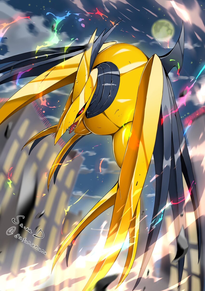 beak, bird, cloud, colored_sclera, commentary_request, fangs, flying, gen_2_pokemon