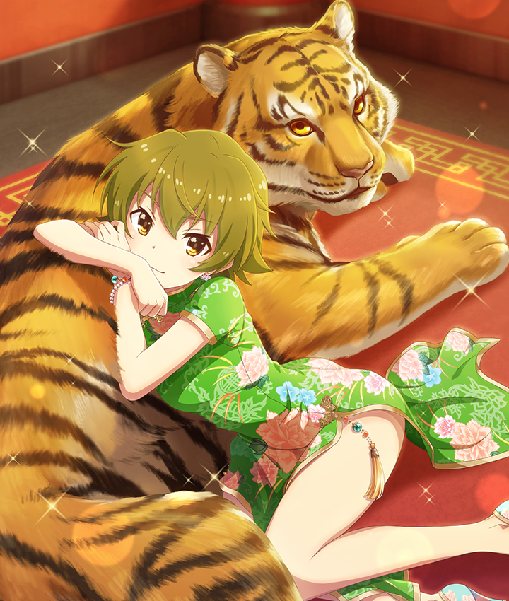 1girl, animal, aqua_gem, bare_legs, blue_shoes, bracelet, breasts, china_dress