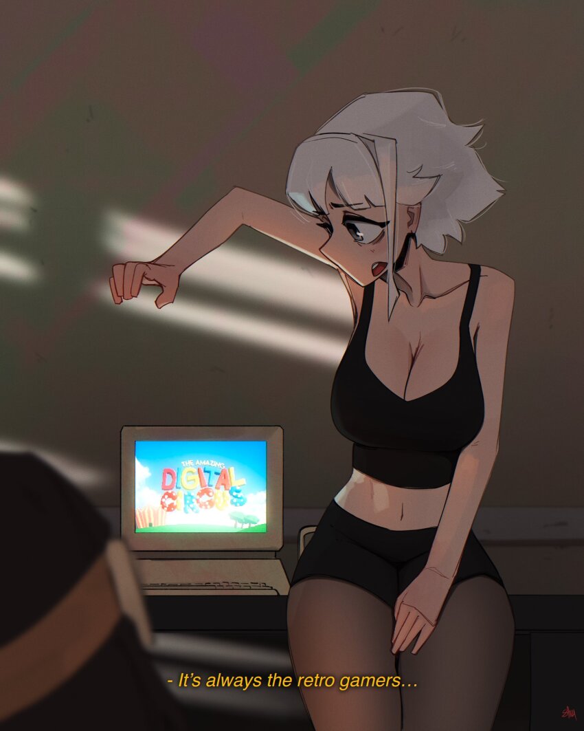 2girls, artist_name, bare_shoulders, black_shorts, black_tank_top, breasts, cleavage, computer