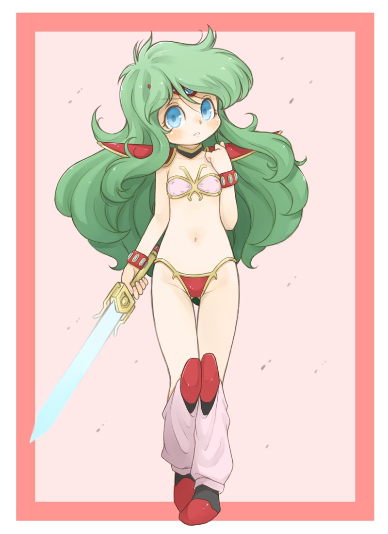 1girl, armor, ayanokouji_rem, bikini_armor, blue_eyes, blush, dream_hunter_rem, flat_chest