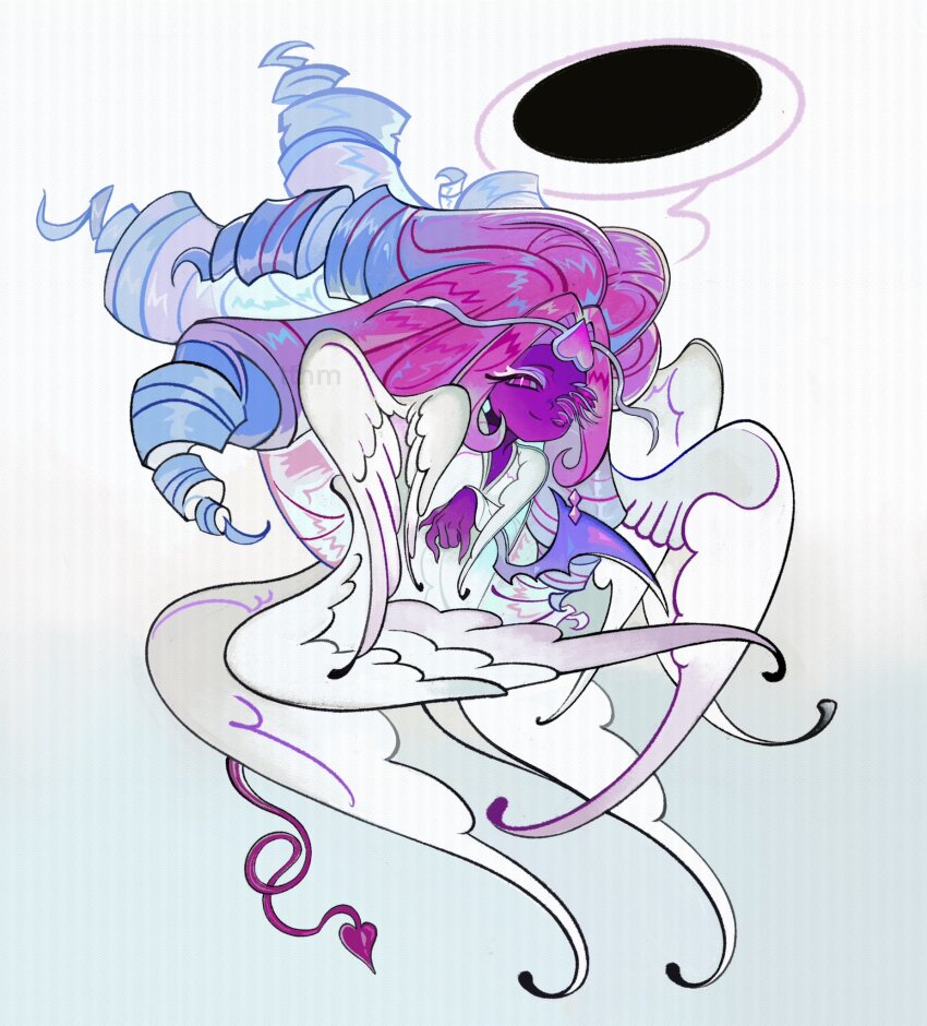 1girl, angel_wings, colored_skin, commentary, cookie_run, cookie_run:_kingdom, demon_girl, demon_tail