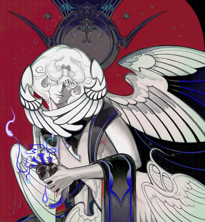 1boy, absurdres, angel, angel_wings, black_shawl, chinese_commentary, colored_skin, commentary_request