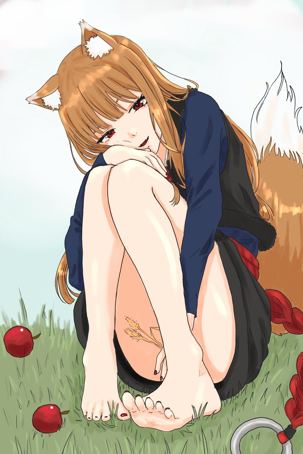 1girl, animal_ear_fluff, animal_ears, apple, bare_legs, barefoot, black_skirt, black_vest, blue_jacket, brown_hair, commentary, convenient_leg, diagada, dorsiflexion, english_commentary, fangs, feet, food, fruit, full_body, fur_trim, grass, hand_up, highres, holo, jacket, knees_up, legs, long_hair, long_sleeves, looking_at_viewer, nail_polish, open_mouth, red_eyes, red_nails, sitting, sketch, skirt, solo, spice_and_wolf, tail, tassel, toenail_polish, toenails, toes, vest, wheat, wolf_ears, wolf_girl, wolf_tail