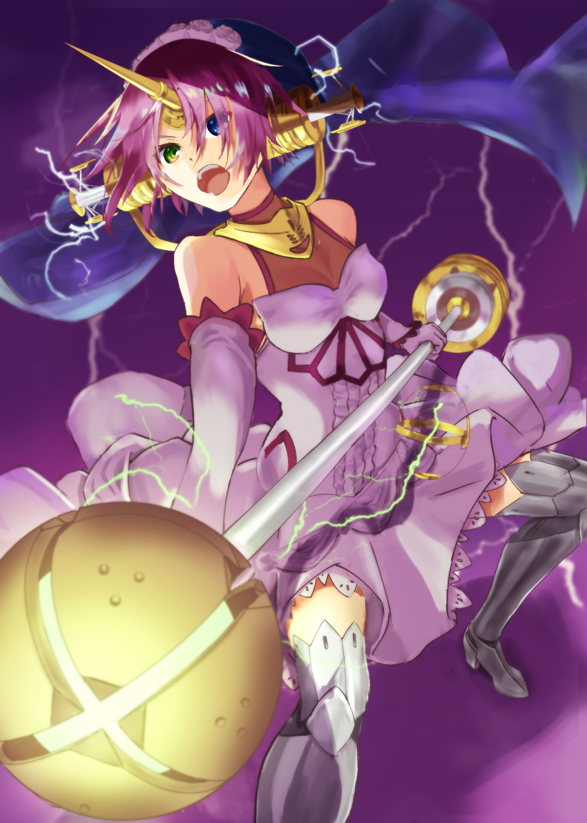 1girl, absurdres, armored_boots, bare_shoulders, black_veil, blue_eyes, boots, breasts, bridal_chest_(fate), cleavage, commentary_request, dress, elbow_gloves, electricity, fate/apocrypha, fate/grand_order, fate_(series), flower, frankenstein's_monster_(fate), frankenstein's_monster_(fate/apocrypha), frilled_dress, frills, gloves, green_eyes, hair_flower, hair_ornament, hair_over_eyes, headgear, heterochromia, highres, holding, holding_weapon, horns, long_dress, mace, mechanical_horns, open_mouth, pink_flower, pink_hair, pink_rose, revision, rose, see-through_cleavage, see-through_clothes, short_hair, single_horn, sleeveless, sleeveless_dress, small_breasts, solo, tongue, tsukiyo_kapibara, upper_body, veil, weapon, white_dress, white_gloves